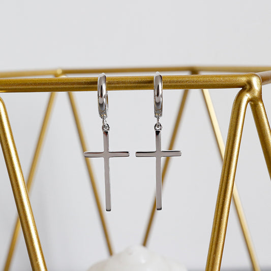 Minimalist Classic Cross 925 Sterling Silver Hoop Earrings