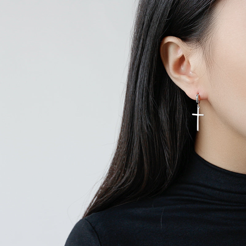 Minimalist Classic Cross 925 Sterling Silver Hoop Earrings