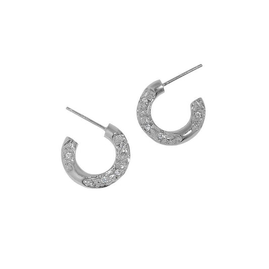 Women Irregular CZ C Shape 925 Sterling Silver Hoop Earrings